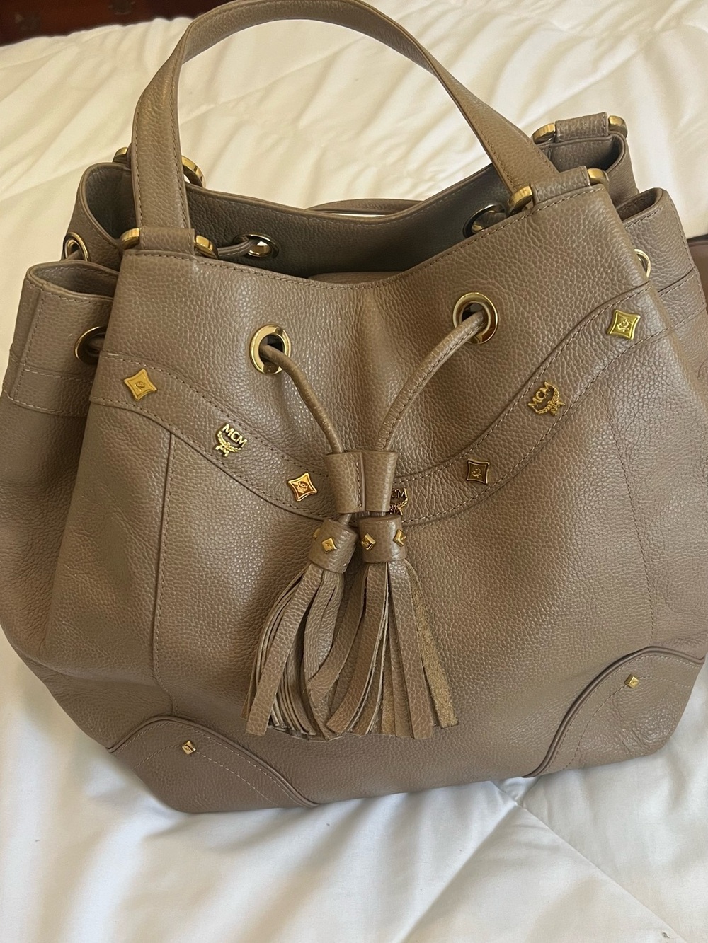 MCM Taupe Drawstring Leather hobo with Tassel